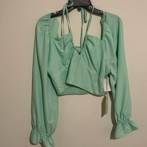 Long Ruffle Sleeve Keyhole Front Smocked Back Pull-On Crop Top